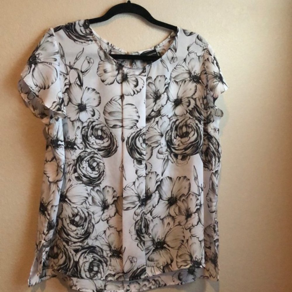 Liz  Claiborne Career Blouse White Black Floral Chiffon XL